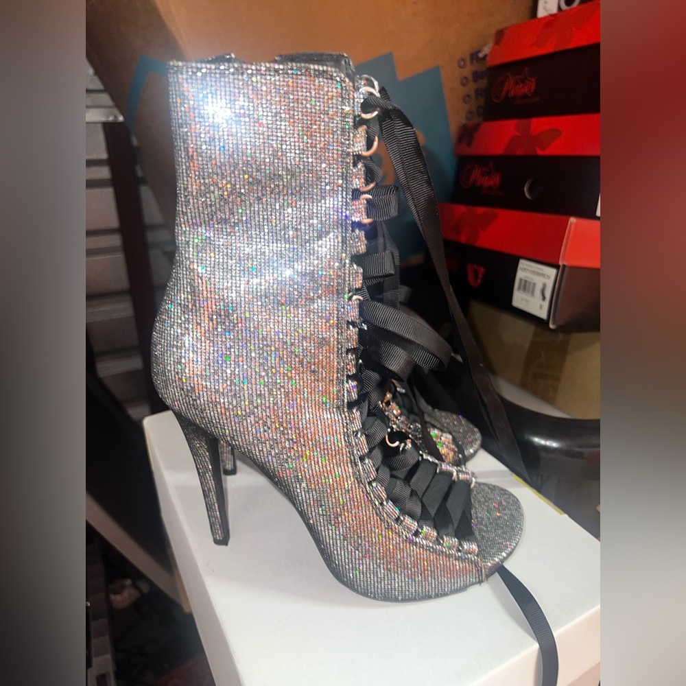 Steve Madden Silver Glitter Lace-Up Heels
